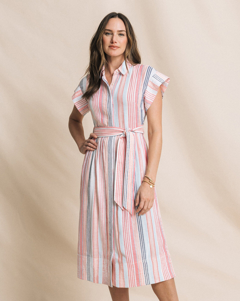 Southern Tide Women's Tinley Striped Belted Midi Shirtdress Peaches N' Cream (Size L) 52% Linen 48% Viscose Southern Tide Women's Tinley Striped Belted Midi Shirtdress Peaches N' Cream (Size L) 52% Linen 48% Viscose