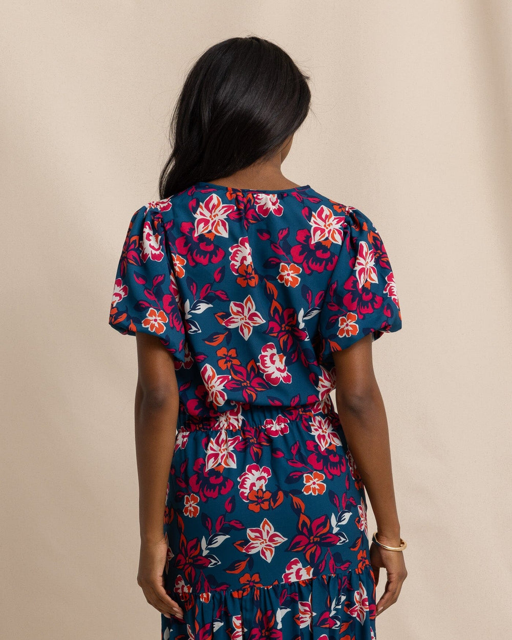 The back view of the Southern Tide Tinsley Aster Bouquet Woven Top by Southern Tide - Teal Haze