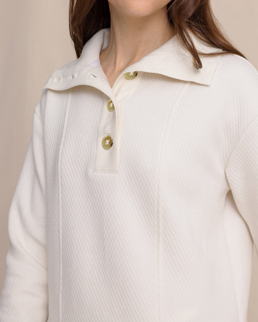 The detail view of the Southern Tide Tonya Button Mock Pullover by Southern Tide - Sand White