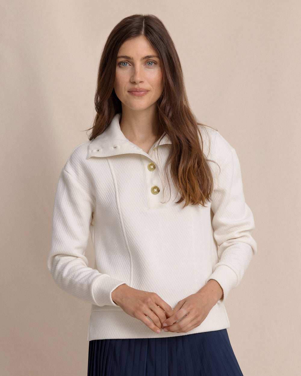 The front view of the Southern Tide Tonya Button Mock Pullover by Southern Tide - Sand White