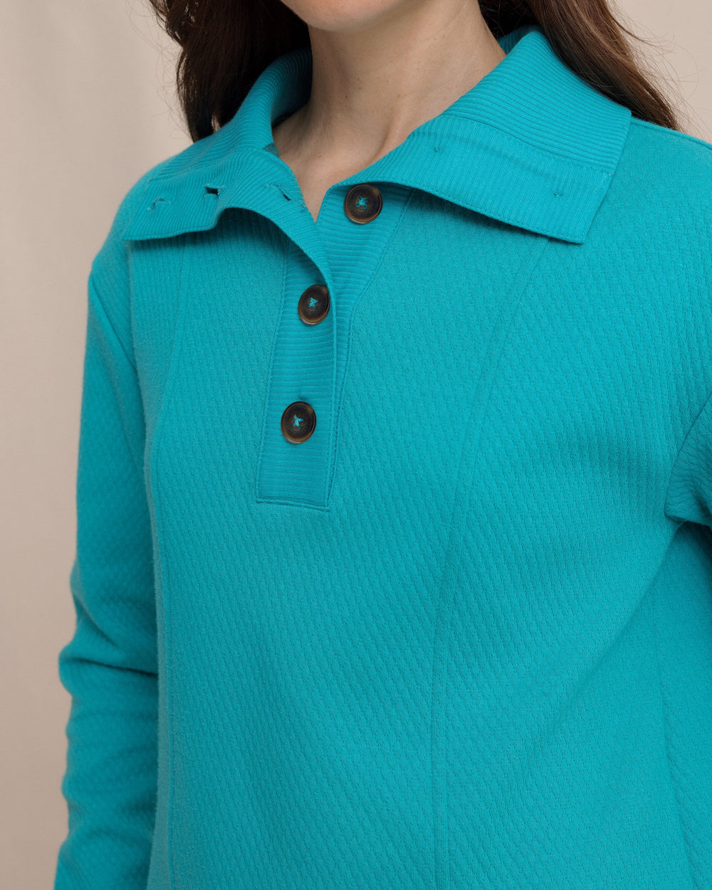 The detail view of the Southern Tide Tonya Button Mock Pullover by Southern Tide - Spruce Shade