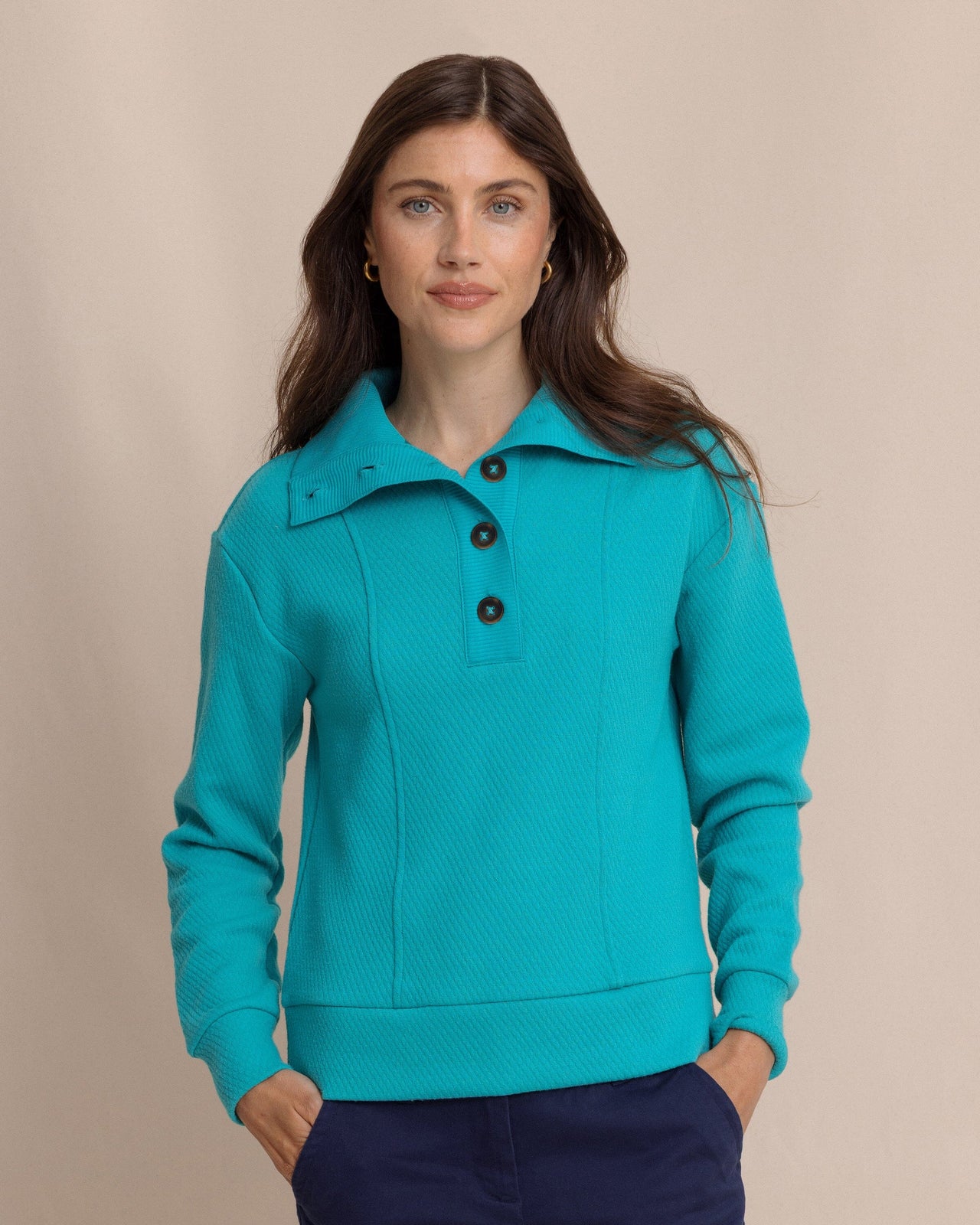 The front view of the Southern Tide Tonya Button Mock Pullover by Southern Tide - Spruce Shade