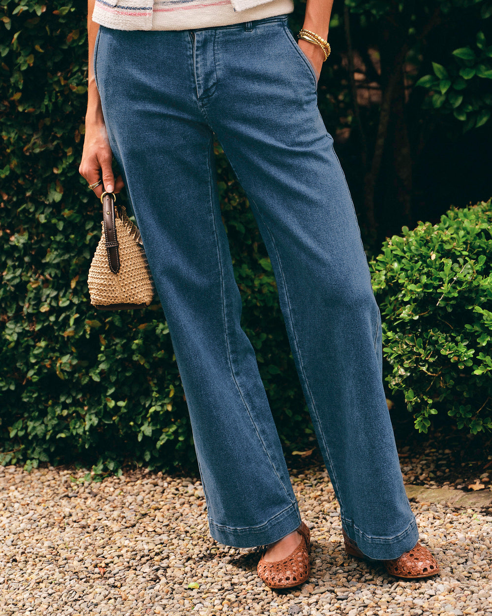 The lifestyle view of the Southern Tide Tori Denim Wide Leg Chino Pant by Southern Tide - Indigo