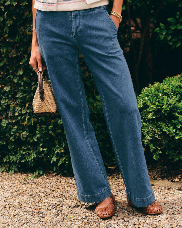 The lifestyle view of the Southern Tide Tori Denim Wide Leg Chino Pant by Southern Tide - Indigo