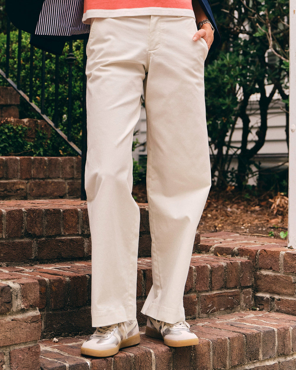 The lifestyle view of the Southern Tide Tori Wide Leg Chino Pant by Southern Tide - Sand White