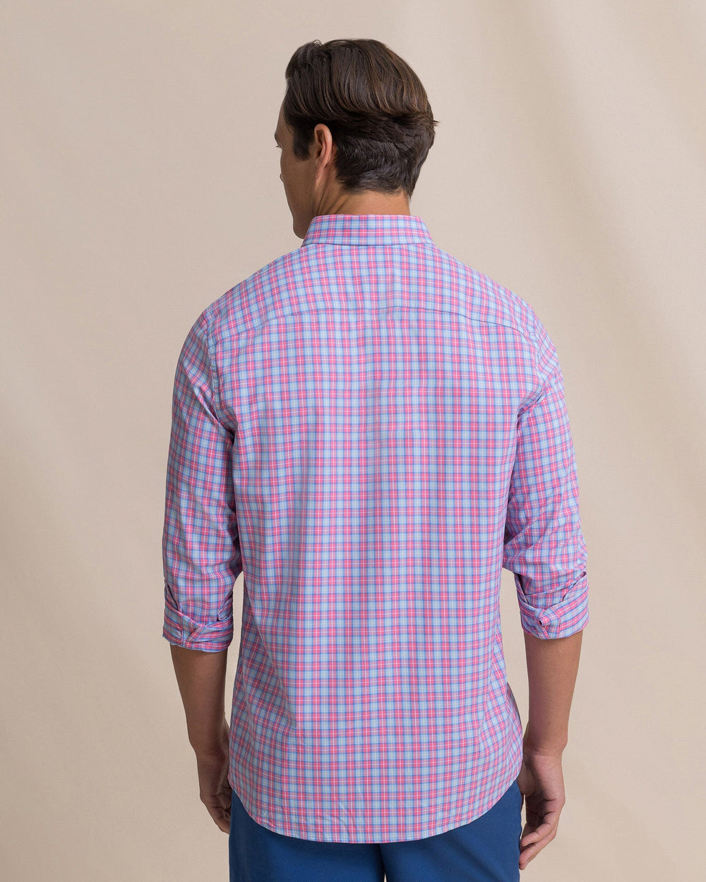 The back view of the Southern Tide Tortuga Plaid Coastal Breeze® Sport Shirt by Southern Tide - Island Pink