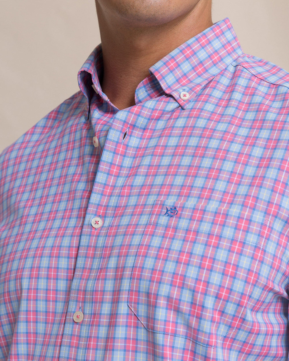 The detail view of the Southern Tide Tortuga Plaid Coastal Breeze® Sport Shirt by Southern Tide - Island Pink