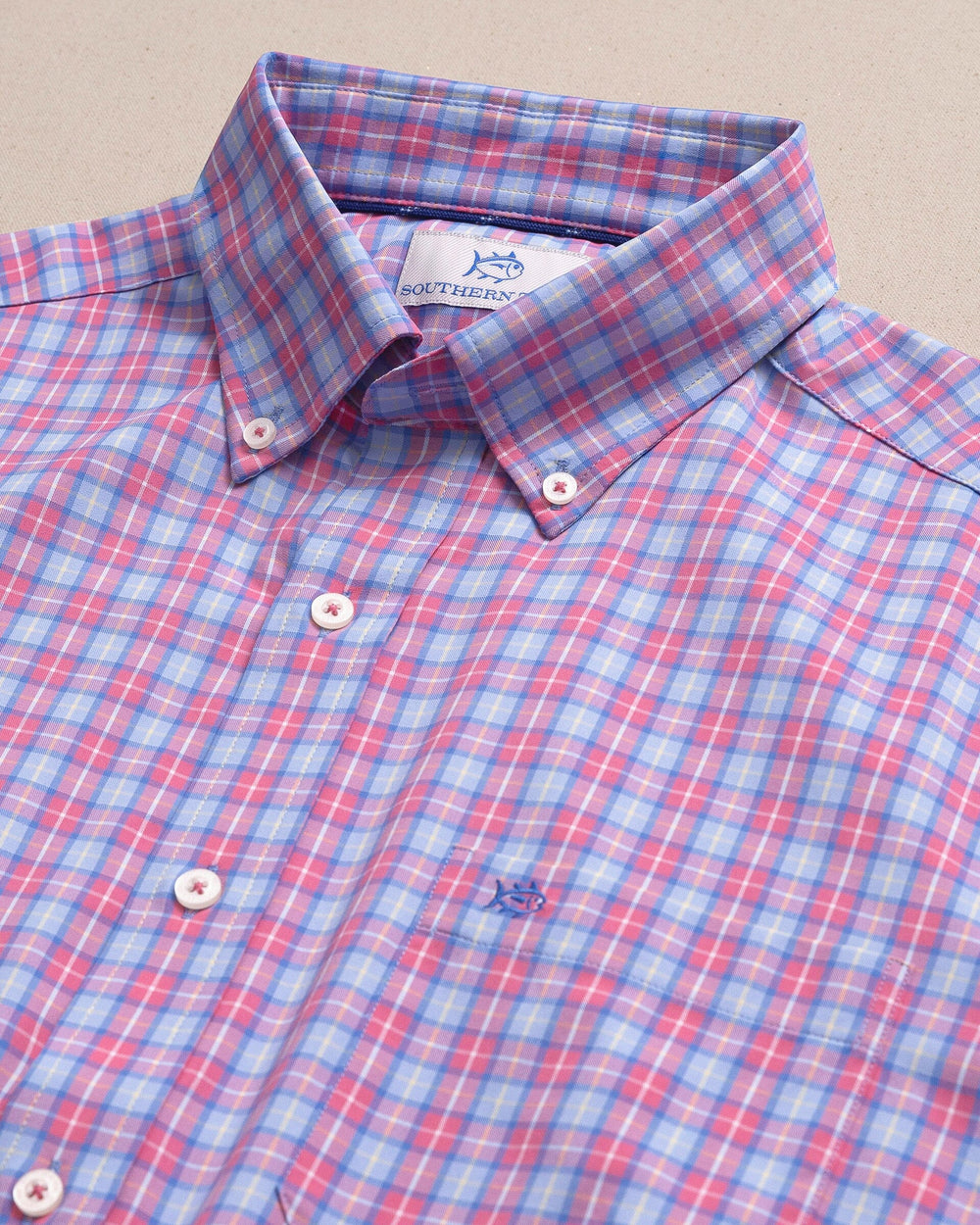 The detail view of the Southern Tide Tortuga Plaid Coastal Breeze® Sport Shirt by Southern Tide - Island Pink