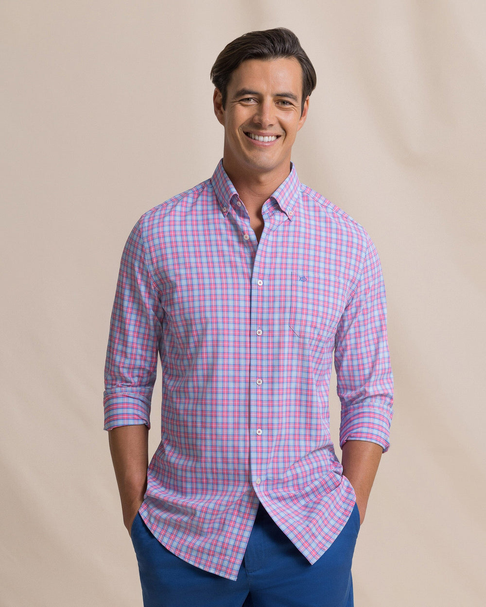 The front view of the Southern Tide Tortuga Plaid Coastal Breeze® Sport Shirt by Southern Tide - Island Pink