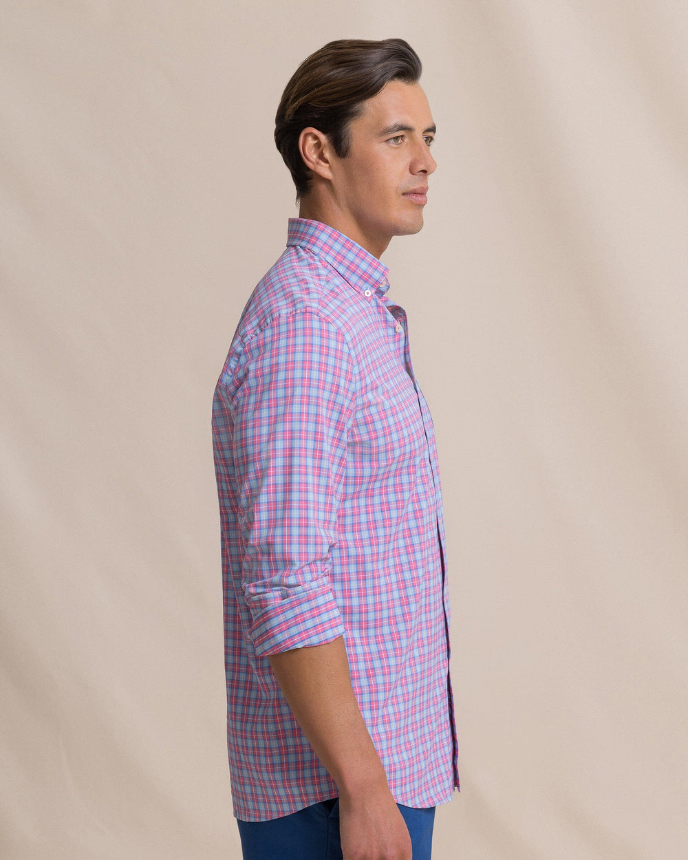 The side view of the Southern Tide Tortuga Plaid Coastal Breeze® Sport Shirt by Southern Tide - Island Pink