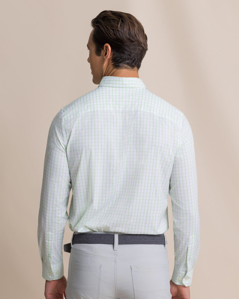 The back view of the Southern Tide Tradewind Tattersall Coastal Breeze® Sport Shirt by Southern Tide - Green Ash
