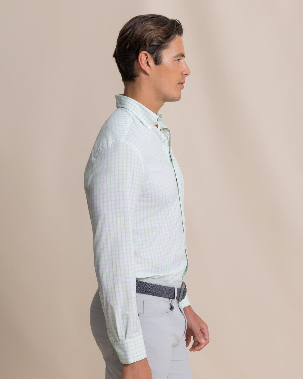 The side view of the Southern Tide Tradewind Tattersall Coastal Breeze® Sport Shirt by Southern Tide - Green Ash