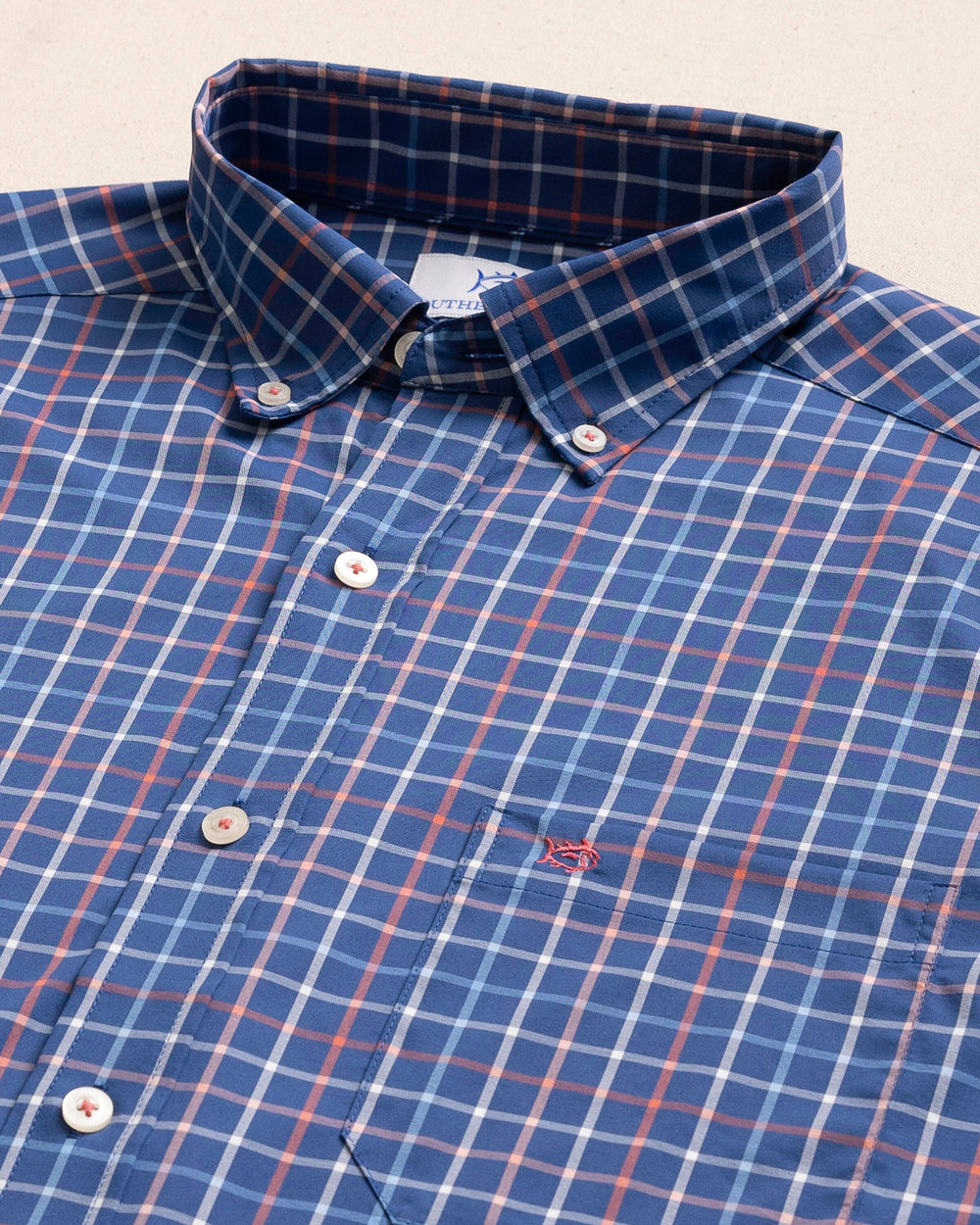 The detail view of the Southern Tide Tradewind Tattersall Coastal Breeze® Sport Shirt by Southern Tide - Nautical Blue