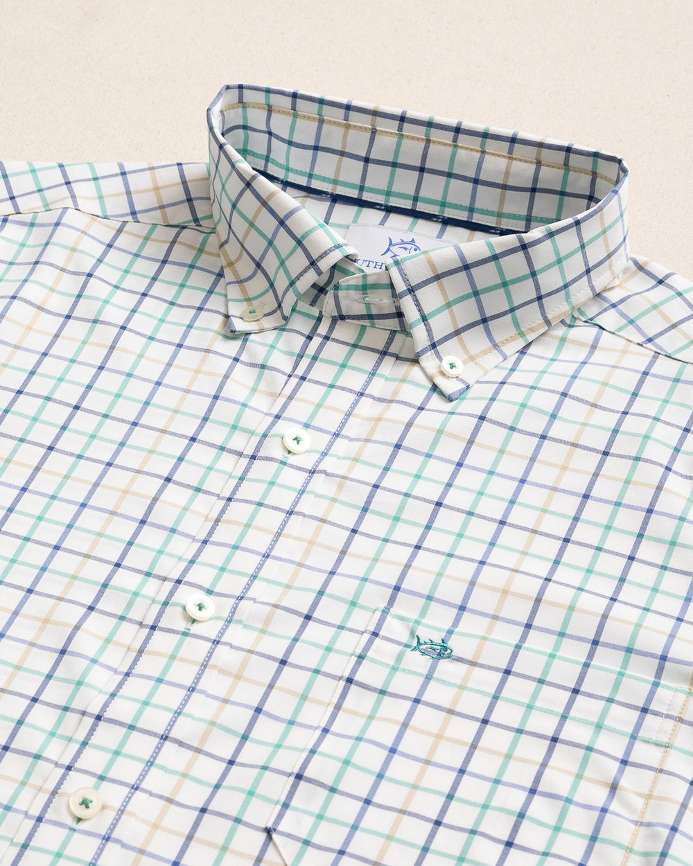 The detail view of the Southern Tide Tradewind Tattersall Coastal Breeze® Sport Shirt by Southern Tide - Persian Green
