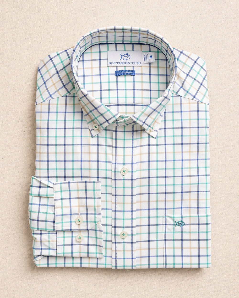 The front view of the Southern Tide Tradewind Tattersall Coastal Breeze® Sport Shirt by Southern Tide - Persian Green