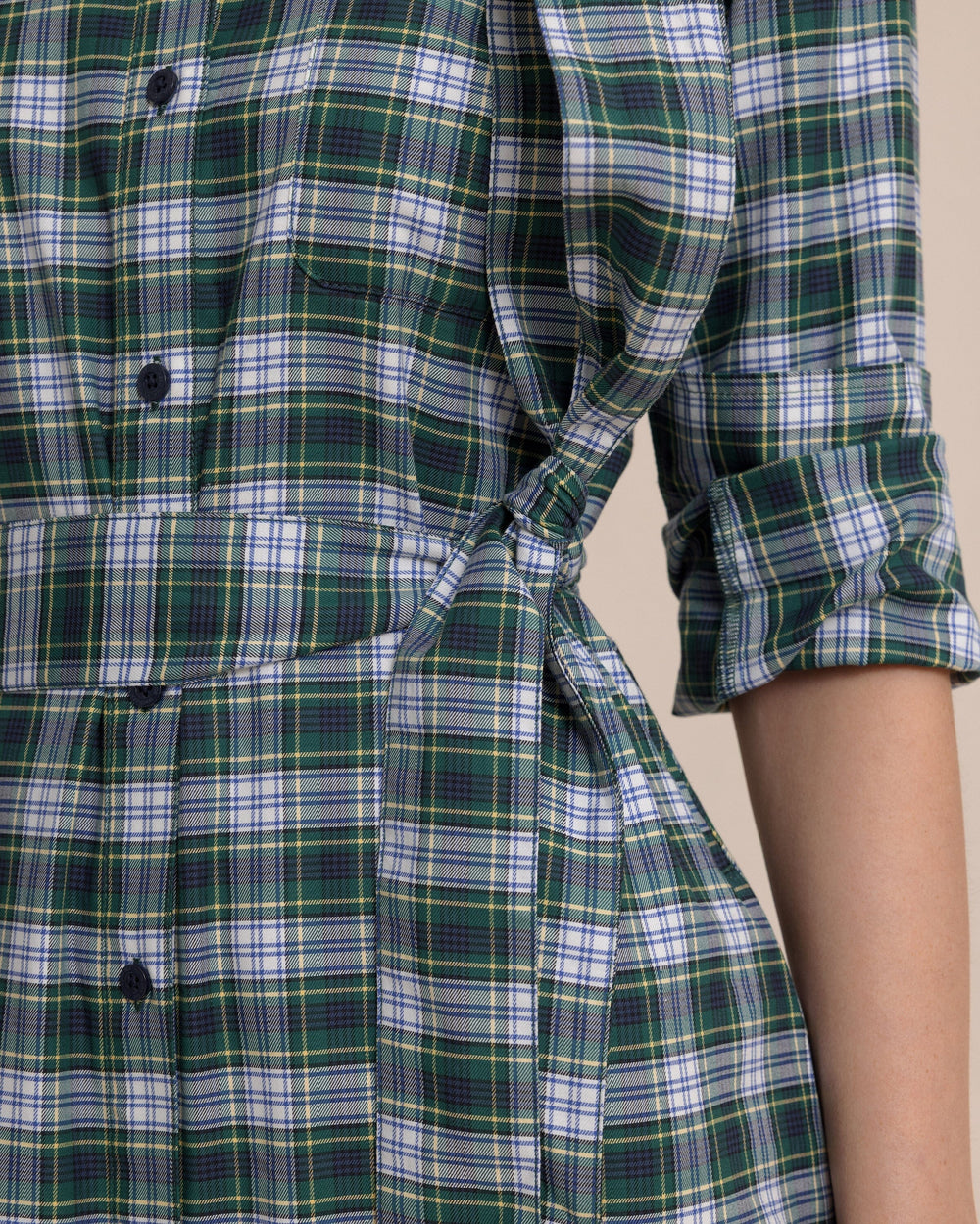 The detail view of the Southern Tide Trista Gordan Tartan Shirt Dress by Southern Tide - Salt Meadow