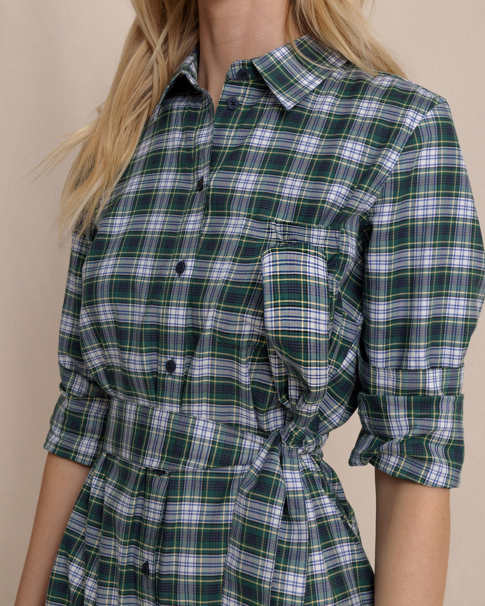 The detail view of the Southern Tide Trista Gordan Tartan Shirt Dress by Southern Tide - Salt Meadow