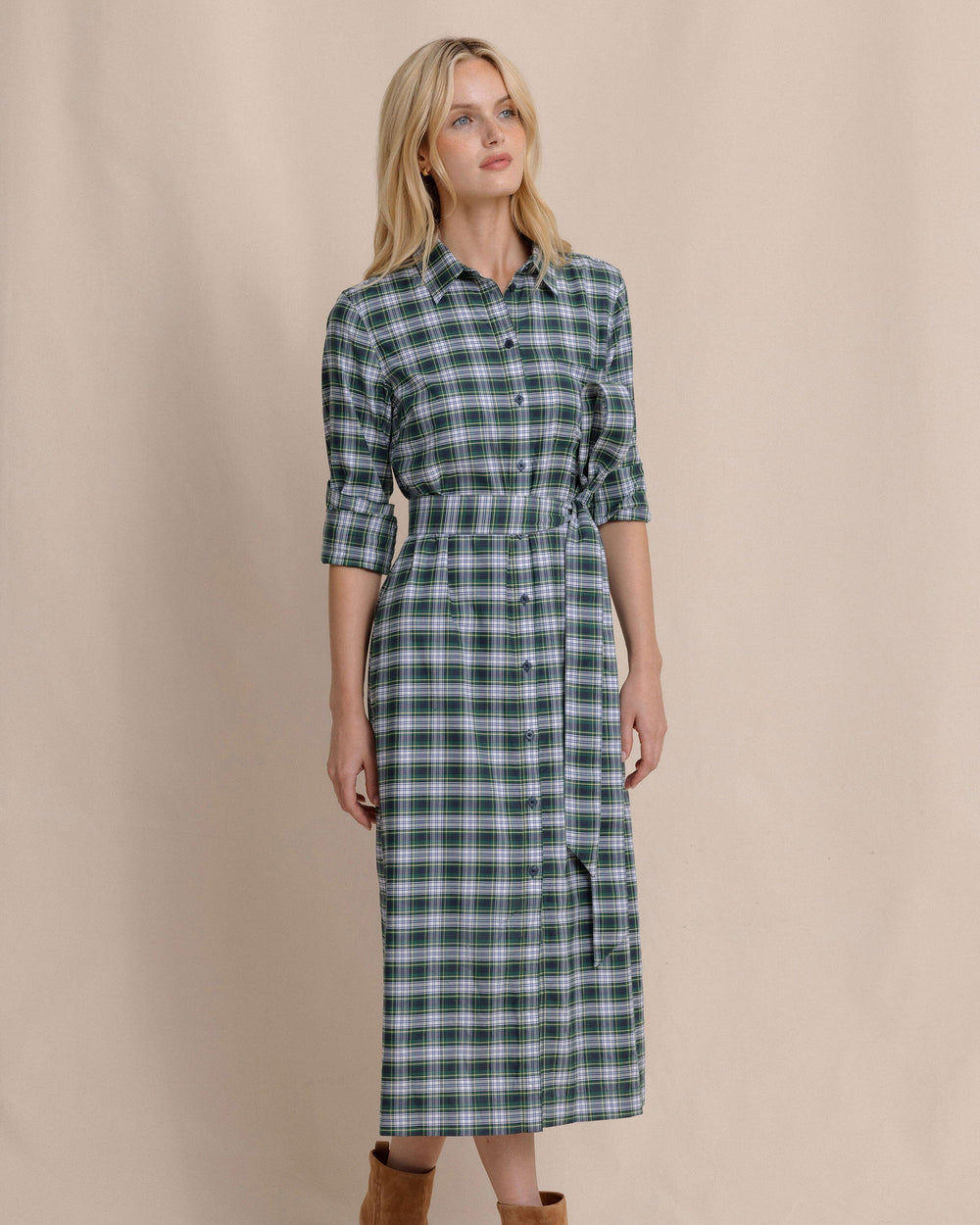 The side view of the Southern Tide Trista Gordan Tartan Shirt Dress by Southern Tide - Salt Meadow