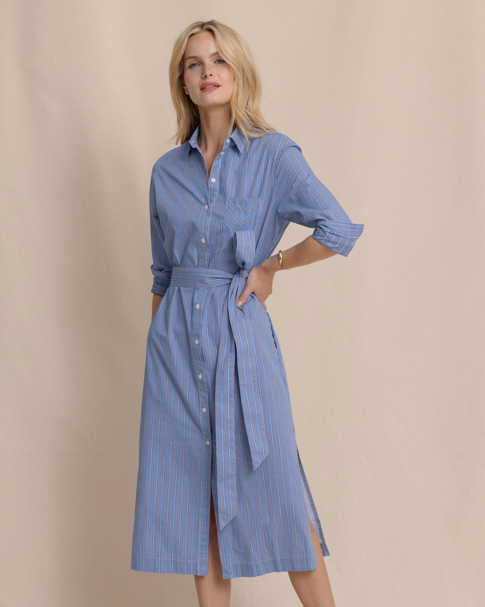 The front view of the Southern Tide Trista Striped Midi Shirt Dress by Southern Tide - Ocean Channel