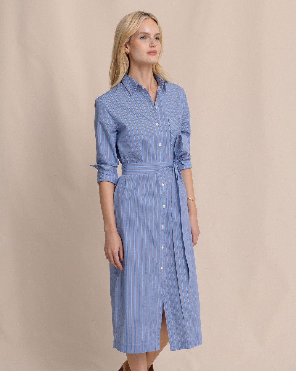 The front view of the Southern Tide Trista Striped Midi Shirt Dress by Southern Tide - Ocean Channel