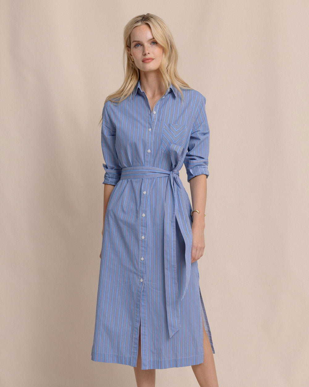 The front view of the Southern Tide Trista Striped Midi Shirt Dress by Southern Tide - Ocean Channel