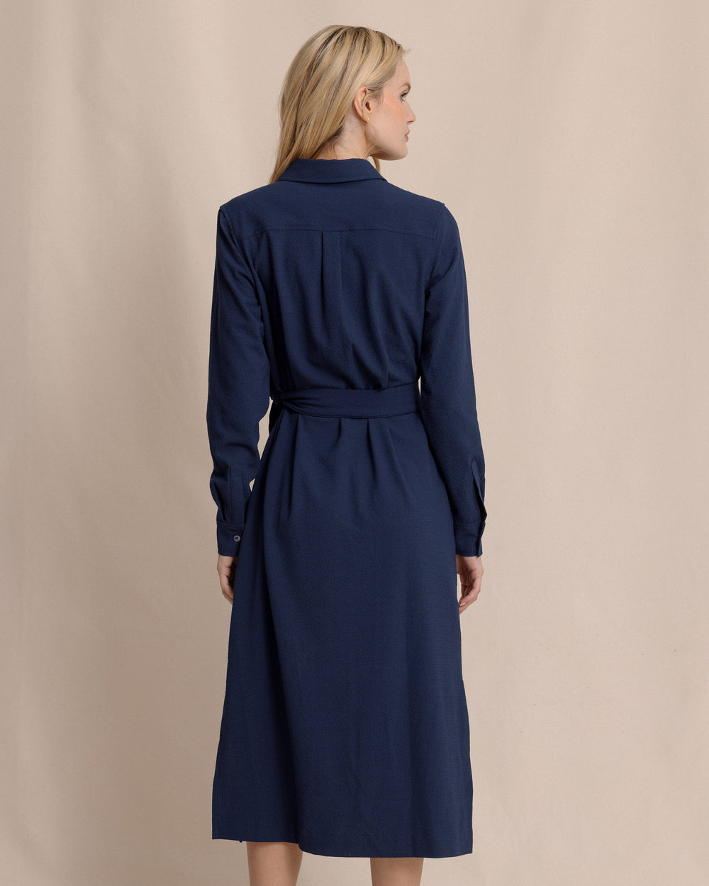 The back view of the Southern Tide Trista Textured Midi Shirt Dress by Southern Tide - Dress Blue