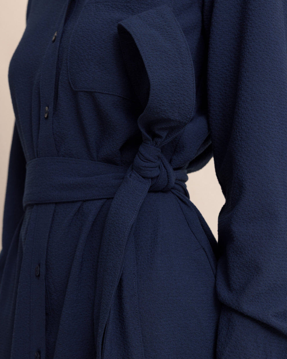 The detail view of the Southern Tide Trista Textured Midi Shirt Dress by Southern Tide - Dress Blue