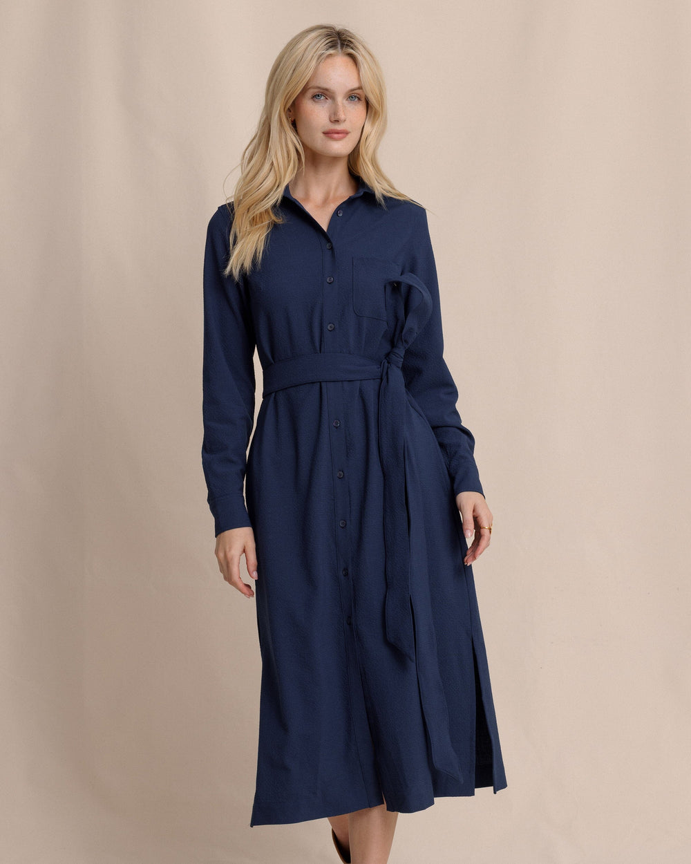 The front view of the Southern Tide Trista Textured Midi Shirt Dress by Southern Tide - Dress Blue