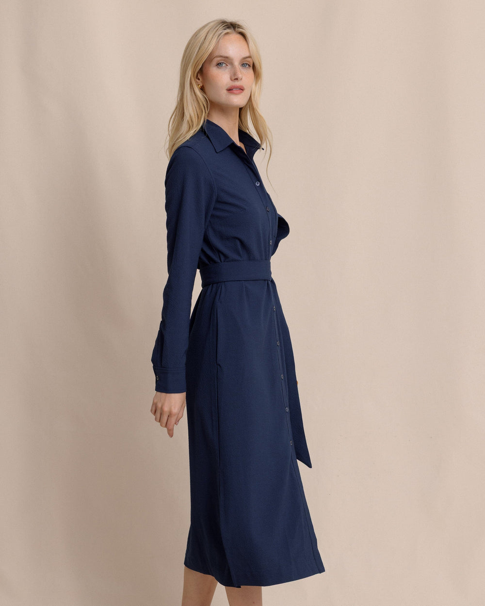 The side view of the Southern Tide Trista Textured Midi Shirt Dress by Southern Tide - Dress Blue