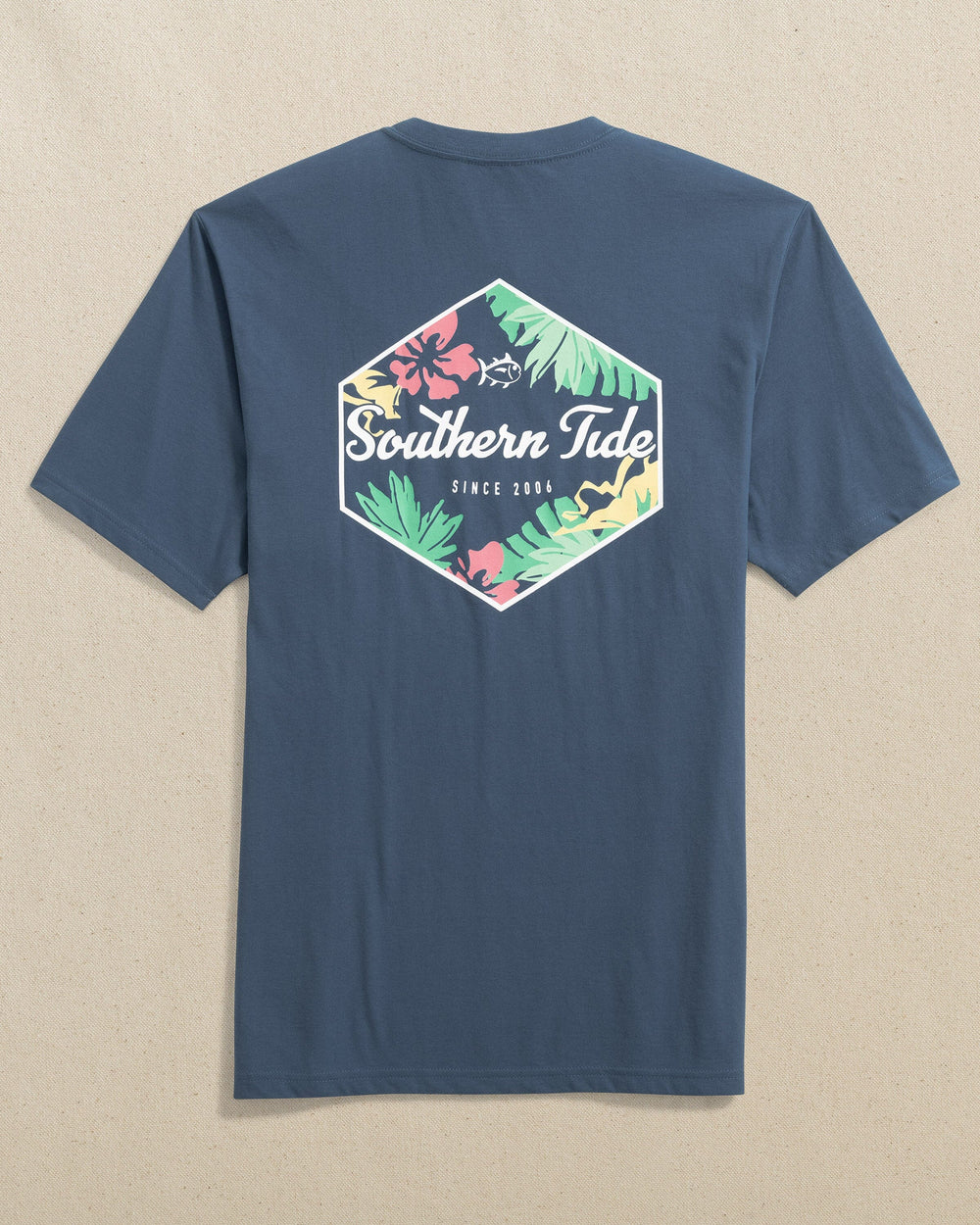 The back view of the Southern Tide Tropical Jack Short Sleeve T-Shirt by Southern Tide - Light Indigo