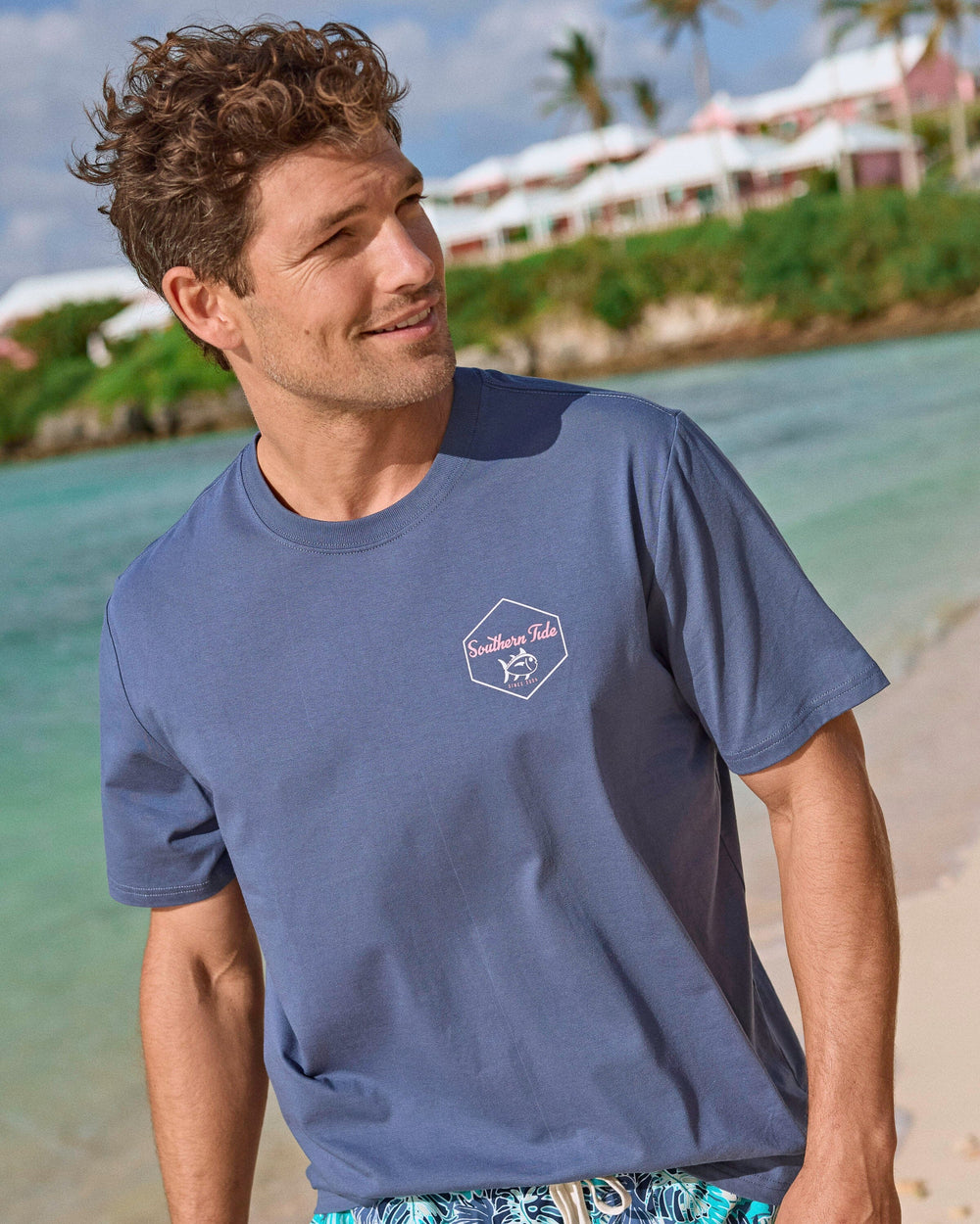 The lifestyle view of the Southern Tide Tropical Jack Short Sleeve T-Shirt by Southern Tide - Light Indigo