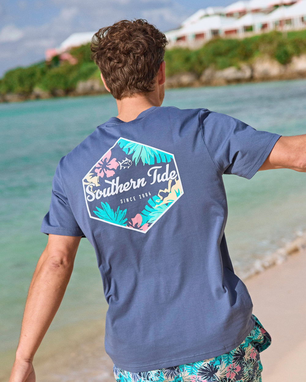 The lifestyle view of the Southern Tide Tropical Jack Short Sleeve T-Shirt by Southern Tide - Light Indigo