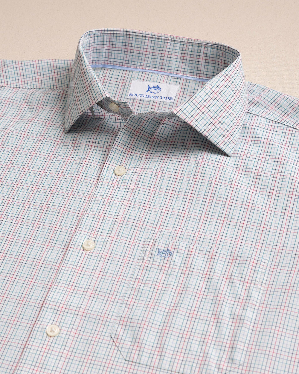 The detail view of the Southern Tide Tupelo Plaid Charleston Sport Shirt by Southern Tide - Classic White