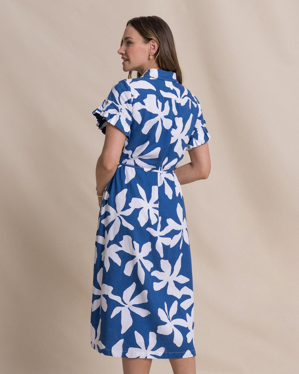 The back view of the Southern Tide Tyra Printed Ruffle Sleeve Midi Dress by Southern Tide - Nautical Blue
