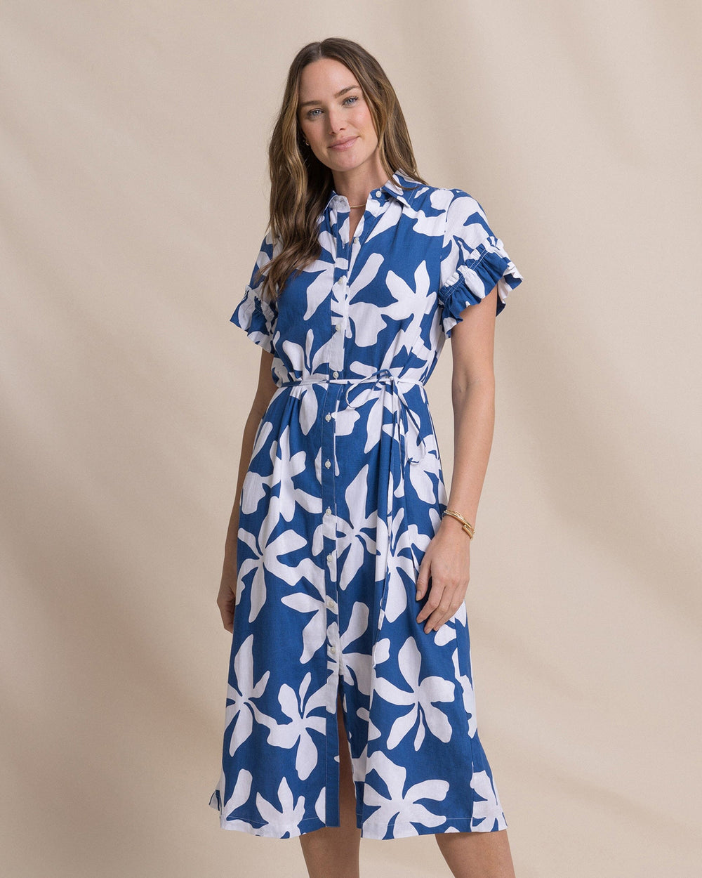 The front view of the Southern Tide Tyra Printed Ruffle Sleeve Midi Dress by Southern Tide - Nautical Blue