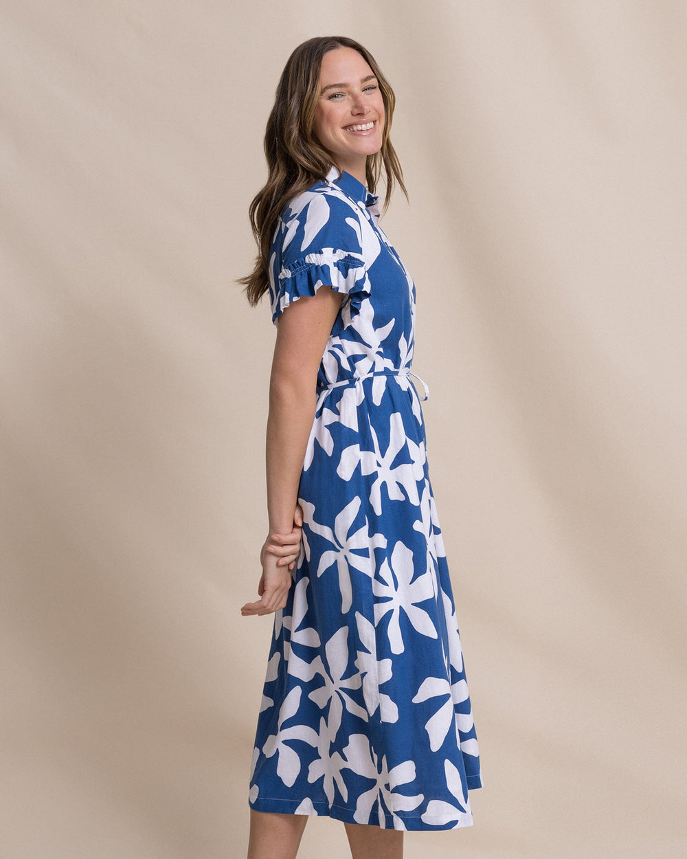 The side view of the Southern Tide Tyra Printed Ruffle Sleeve Midi Dress by Southern Tide - Nautical Blue