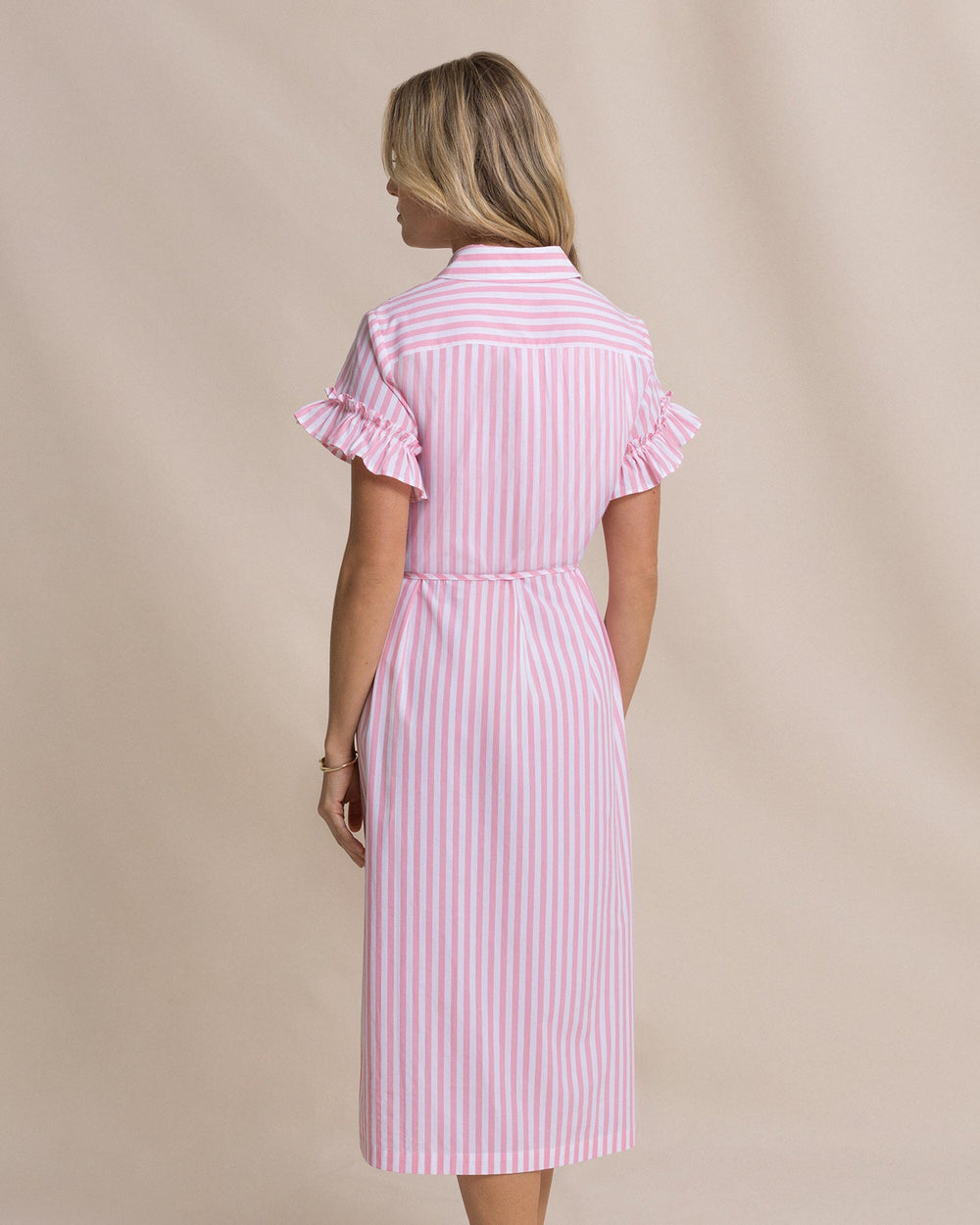 The back view of the Southern Tide Tyra Striped Ruffle Sleeve Midi Dress by Southern Tide - Sea Pink