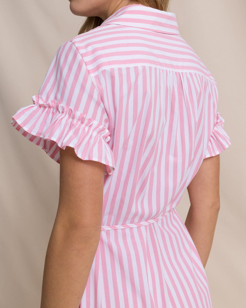 The detail view of the Southern Tide Tyra Striped Ruffle Sleeve Midi Dress by Southern Tide - Sea Pink