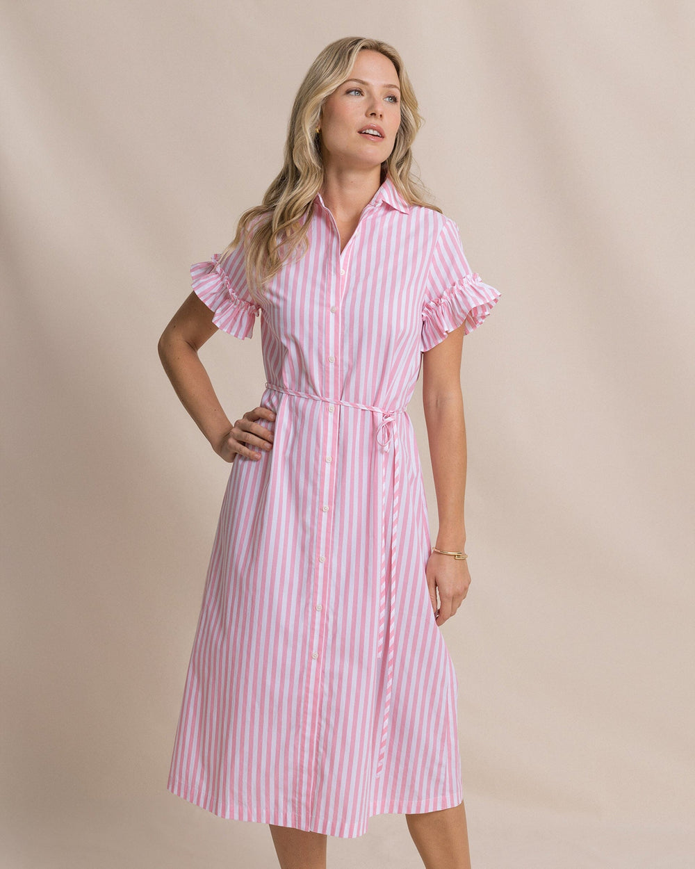 The front view of the Southern Tide Tyra Striped Ruffle Sleeve Midi Dress by Southern Tide - Sea Pink