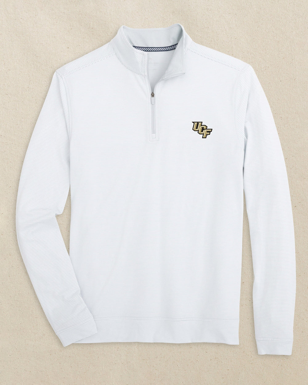 The front view of the Southern Tide UCF Knights Cruiser Micro-Stripe Quarter Zip by Southern Tide - Heather Slate Grey