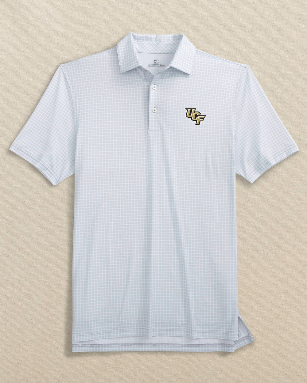 The front view of the Southern Tide UCF Knights Driver Dunes Edge Plaid Polo by Southern Tide - Slate Grey