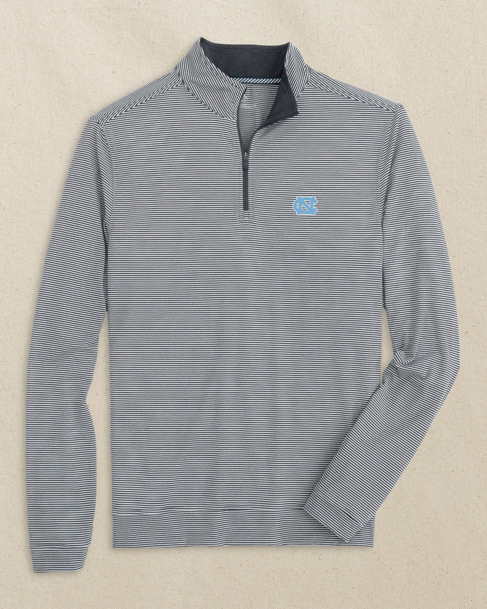 The front view of the Southern Tide UNC Tar Heels Cruiser Micro-Stripe Heather Quarter Zip by Southern Tide - Heather Black