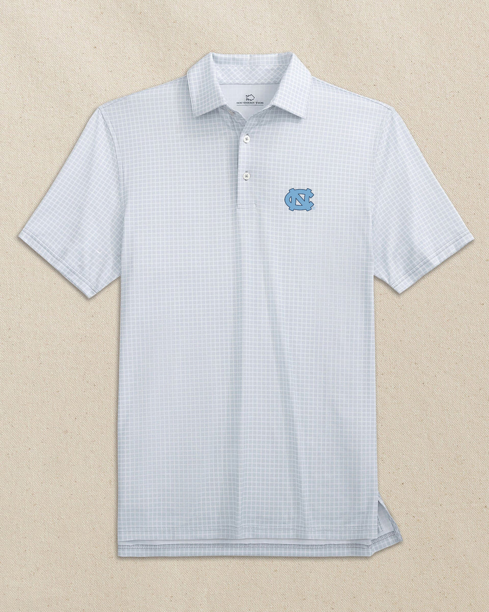 The front view of the Southern Tide UNC Tar Heels Driver Dunes Edge Plaid Polo by Southern Tide - Slate Grey