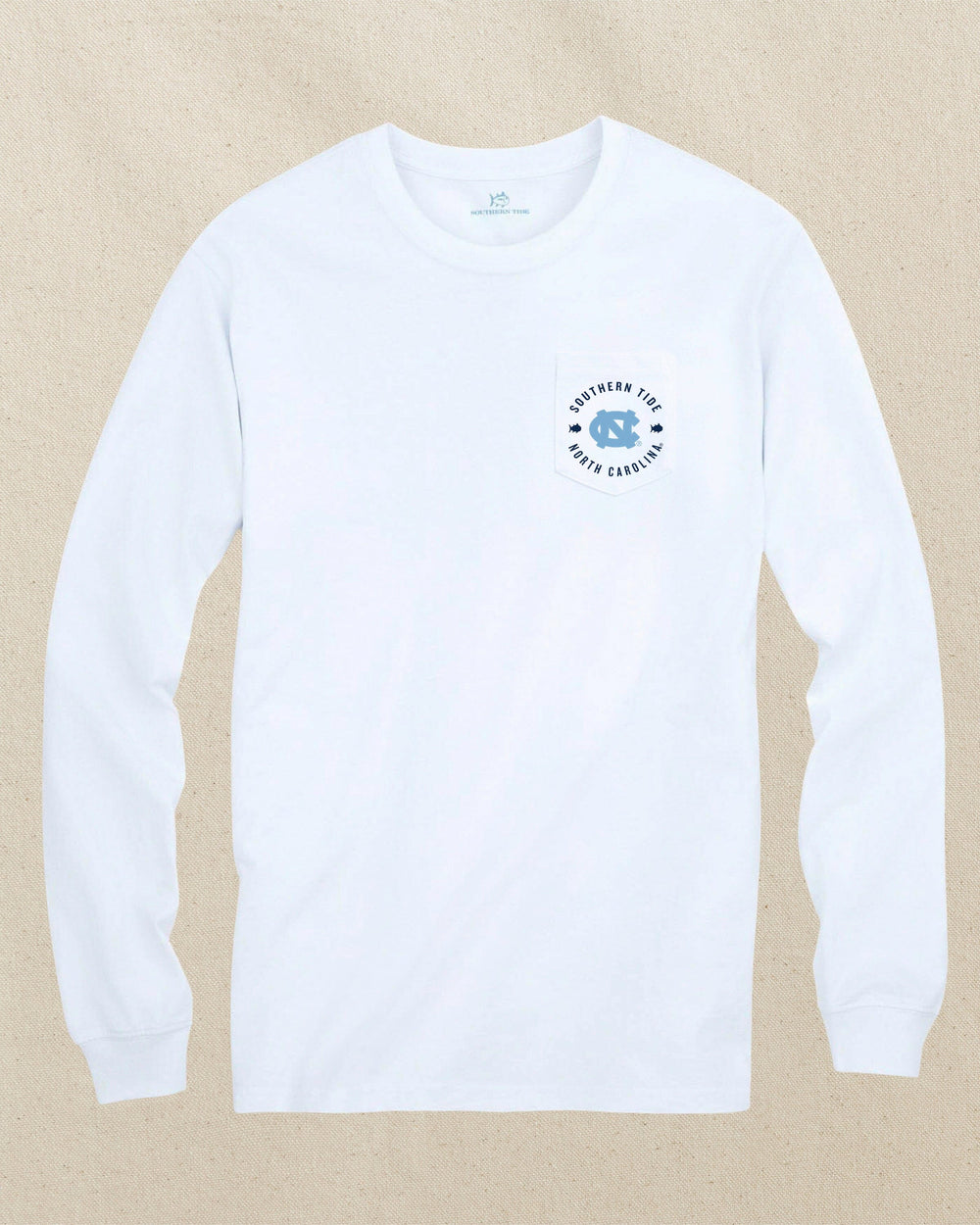 The front view of the Southern Tide UNC Tar Heels Gameday Bonfire Long Sleeve T-Shirt by Southern Tide - Classic White
