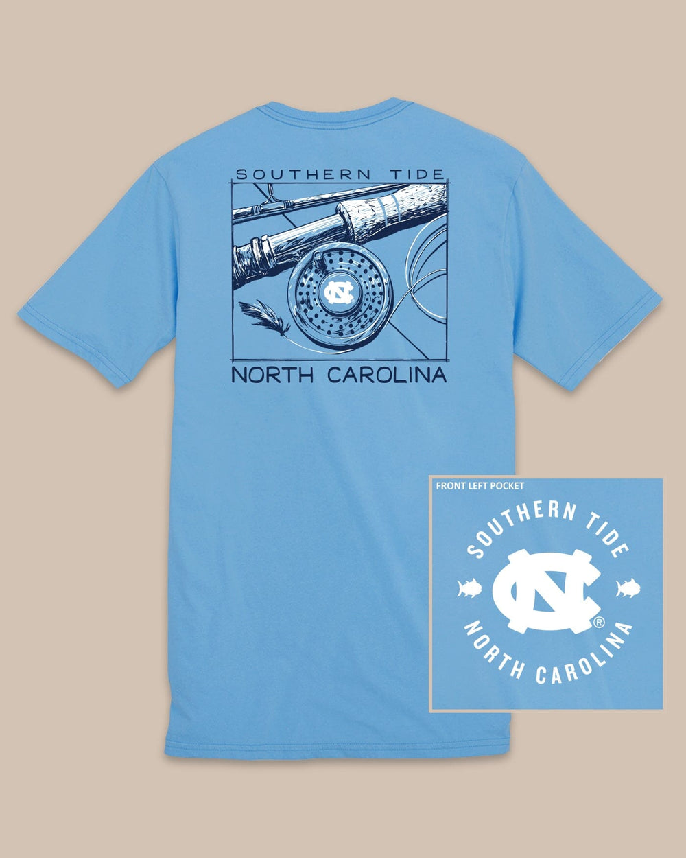 The back view of the UNC Tar Heels Gameday Fly Reel T-Shirt by Southern Tide - Rush Blue