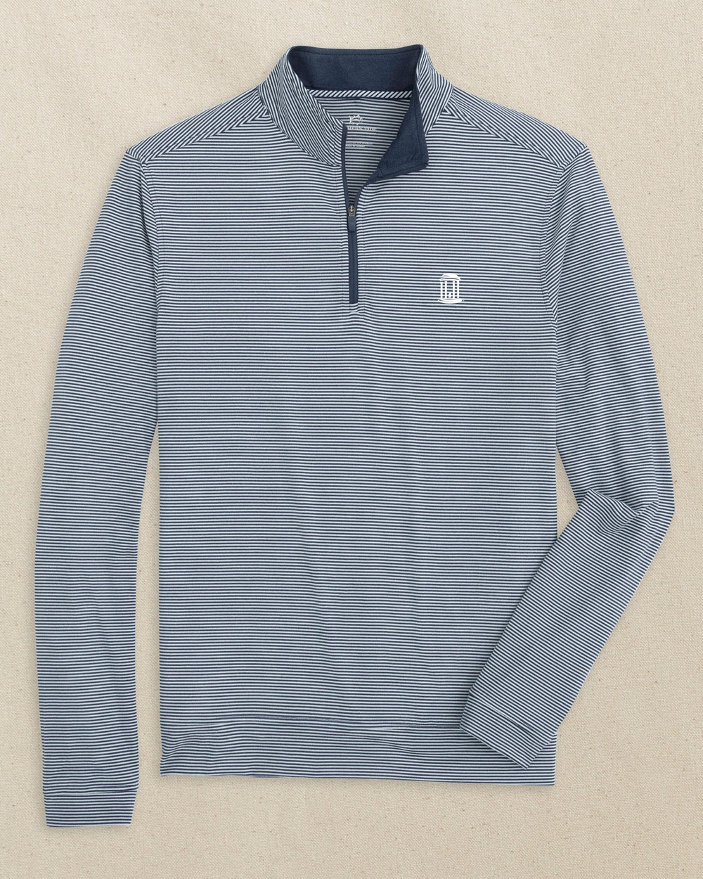 The front view of the Southern Tide UNC Tar Heels Old Well Cruiser Micro-Stripe Quarter Zip by Southern Tide - Heather Navy