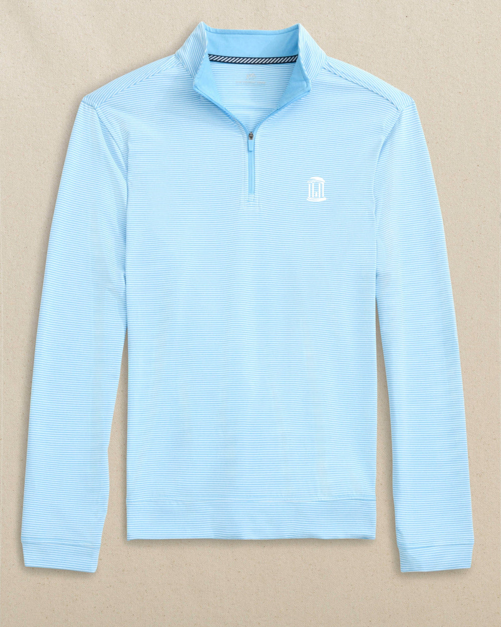 The front view of the Southern Tide UNC Tar Heels Old Well Cruiser Micro-Stripe Quarter Zip by Southern Tide - Heather Rush Blue