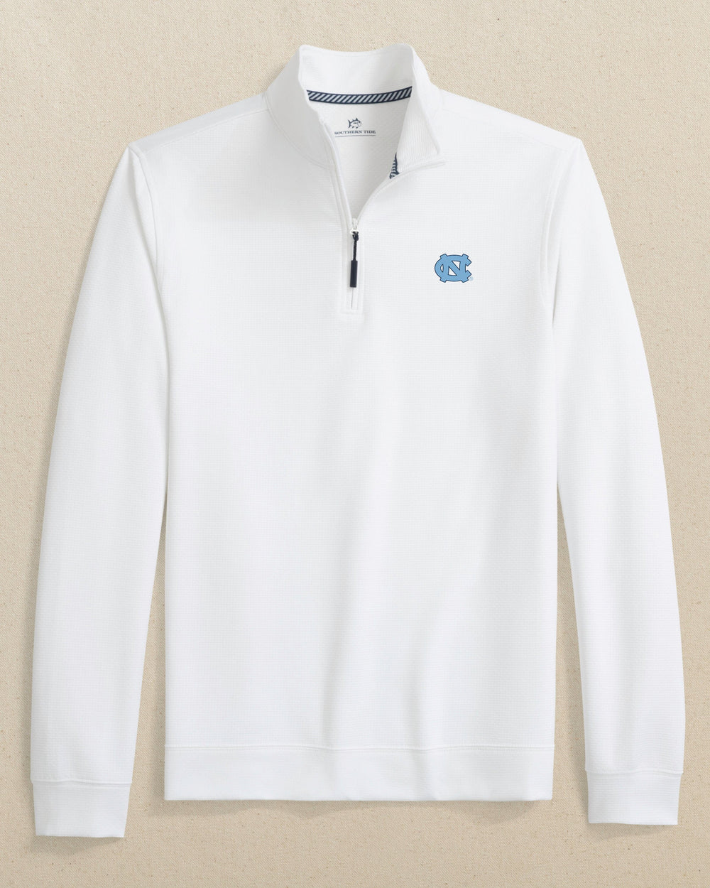 The front view of the Southern Tide UNC Tar Heels Schooner Quarter Zip by Southern Tide - Classic White