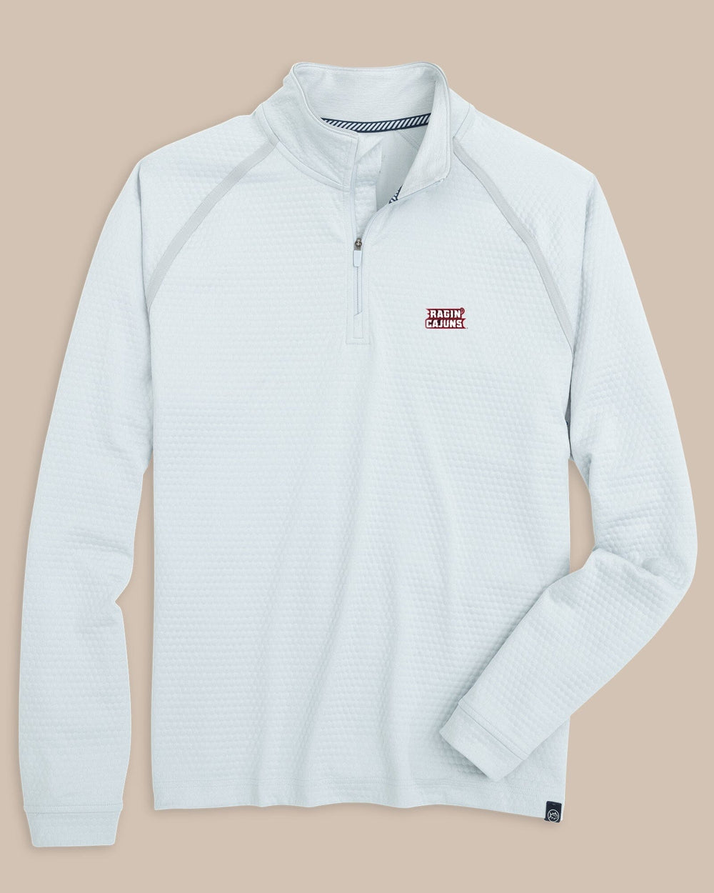 The front view of the University of Louisiana-Lafayette Scuttle Heather Quarter Zip by Southern Tide - Heather Slate Grey