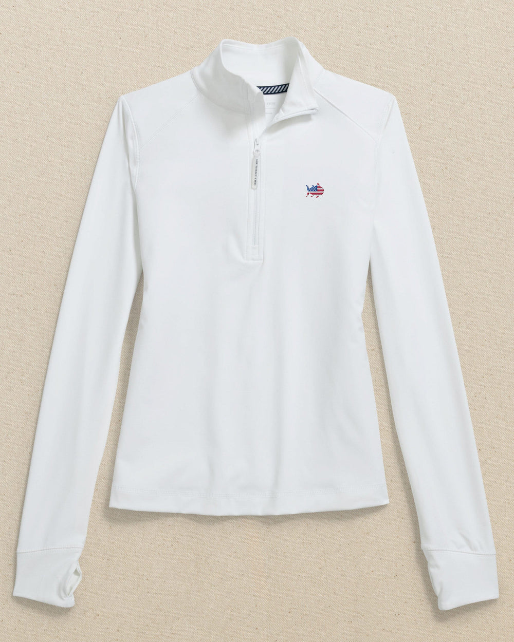The front view of the Southern Tide USA Flag Skipjack Runaround Quarter Zip by Southern Tide - Classic White